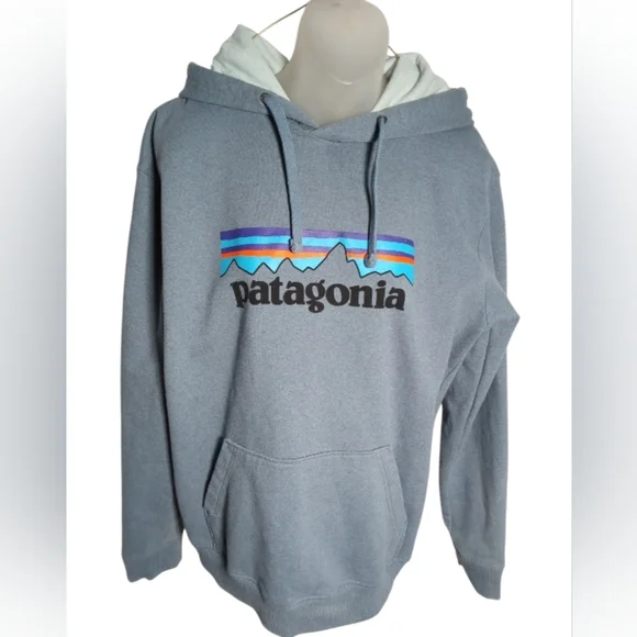 Patagonia Navy Logo Pullover Hoodie Kangaroo Pocket Casual Sweatshirt Sz Medium - Picture 2 of 7